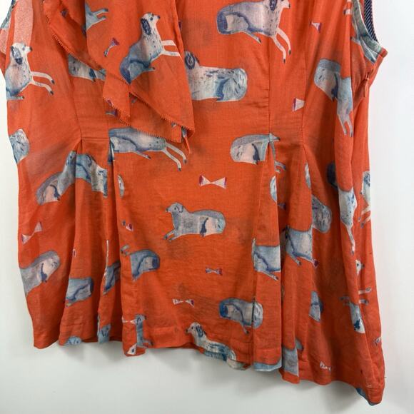 Anthropologie Meadow Rue Orange Dog Print Blouse 10P Ruffle Pleated Sheer Cotton - Picture 7 of 15
